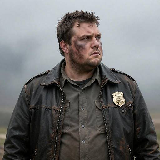 Dirty Police Officer in Worn Leather Jacket