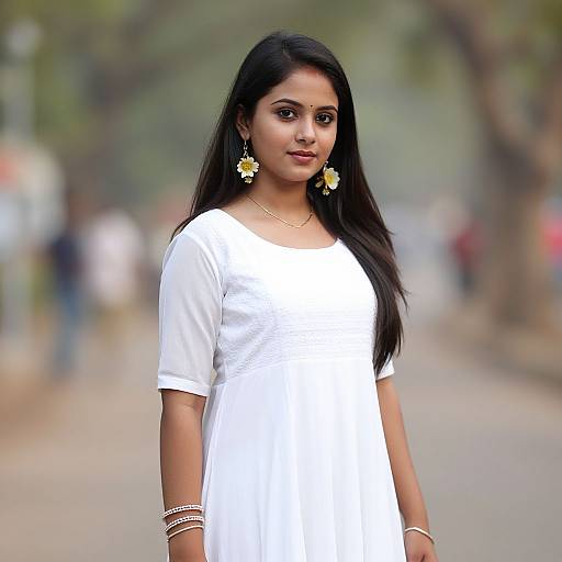 Photograph of a young Indian woman with long black hair, wearing a white dress, yellow flower earrings, and pearl bracelets, standing on a blurred tree
