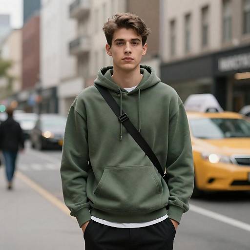 Young Man in Green Hoodie on Urban Street