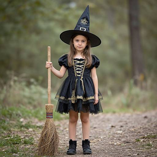 Photograph of a young girl in a black witch costume, holding a broomstick, standing on a forest path, with a blurred green background.