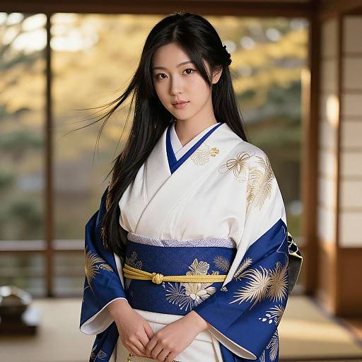 Photograph of an attractive young Asian woman with long black hair, wearing a white and blue floral kimono, standing in a sunlit traditional Japanese room