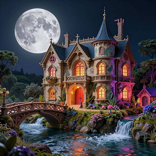 Whimsical digital painting of a fairy-tale gothic house with glowing windows, arched red doors, under a full moon, over a flowing