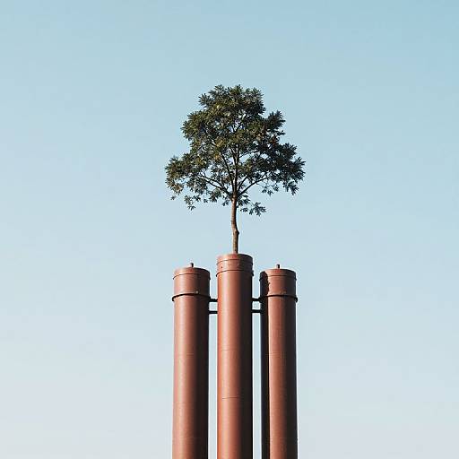 Photograph of a small tree growing from the top of three tall, red-brown industrial smokestacks against a clear blue sky.