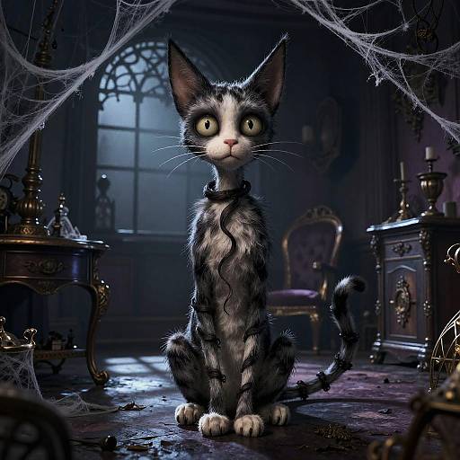 Digital artwork of a wide-eyed, black-and-white striped cat with a collar, sitting in a dark, gothic room with spider webs and antique furniture