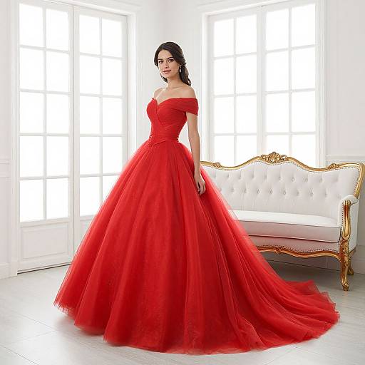 Photograph of a dark-haired woman in a vibrant red off-shoulder ball gown with a full tulle skirt, standing in a bright, white