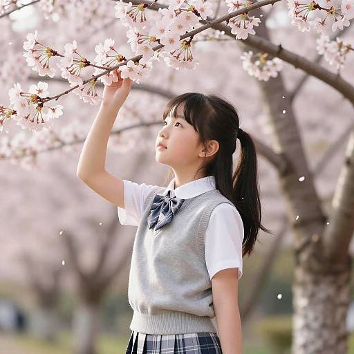 Chinese Schoolgirl by Cherry Blossom Tree