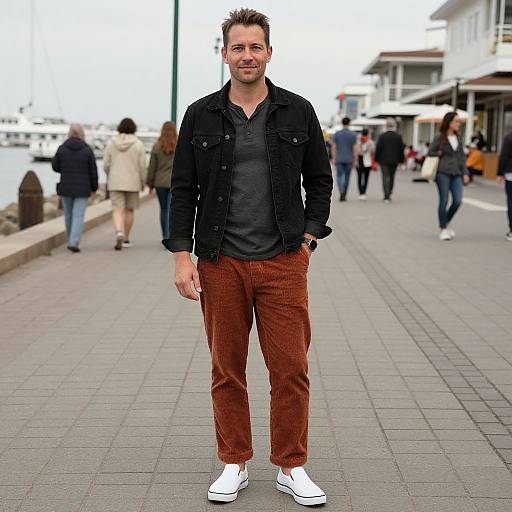 Photograph of a man with short brown hair, black denim jacket, black shirt, red corduroy pants, and white sneakers, standing on a
