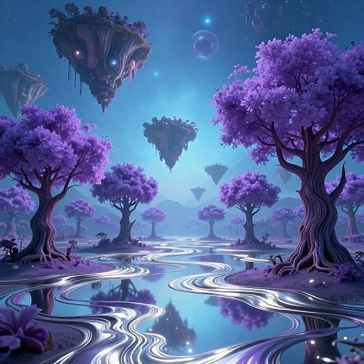 Digital fantasy artwork of a glowing blue forest with luminescent purple trees, floating islands, and a winding, reflective river with light trails.