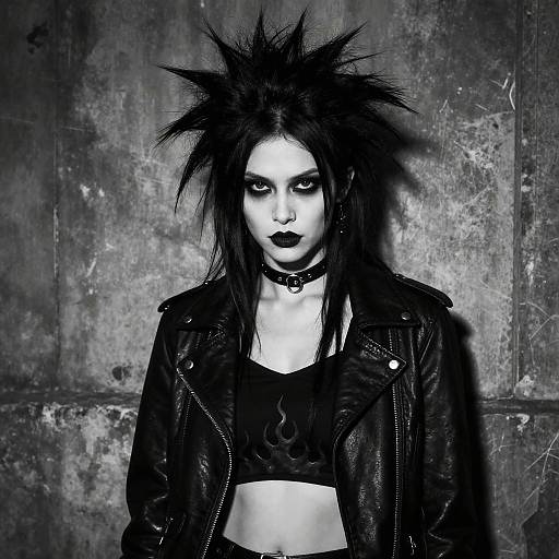 Black-and-white photograph of a pale-skinned woman with spiky hair, dark lipstick, leather jacket, choker, and crop top, against a