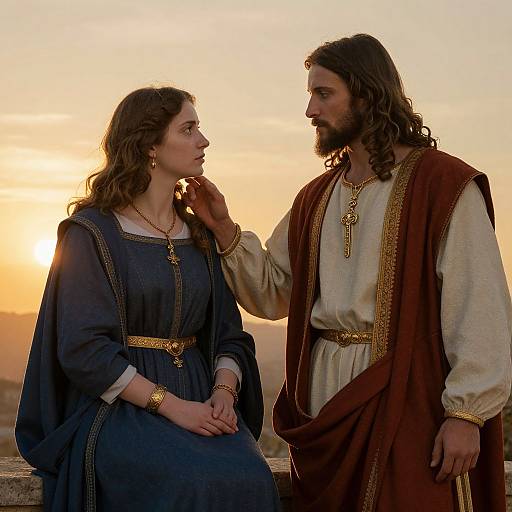 Photograph of Jesus and Mary Magdalene at sunset; Jesus gently touches Mary's chin, both in ancient robes with gold accents.