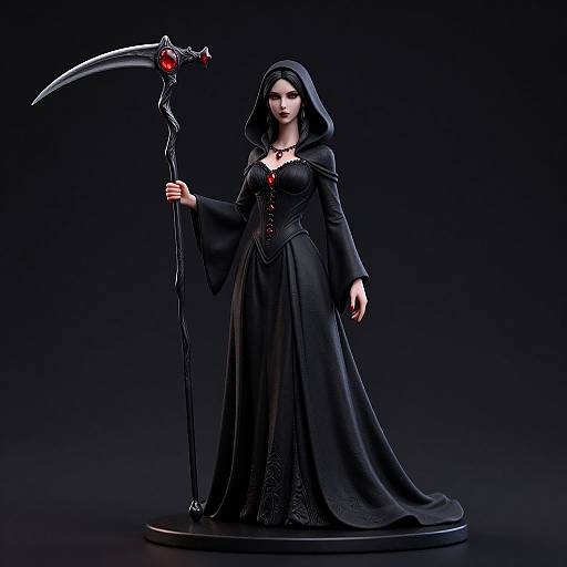 CGI image of a pale-skinned, dark-haired woman in a black Gothic dress, holding a scythe with a red gem, standing against a