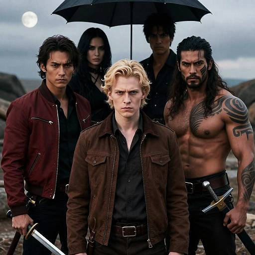 Dramatic Group with Weapons under Moonlight