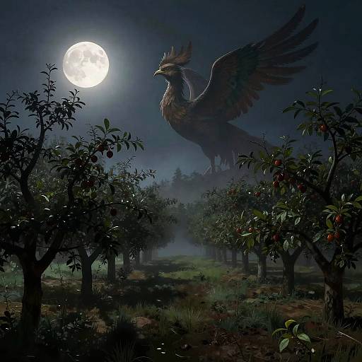 Moonlit Orchard with Giant Phoenix