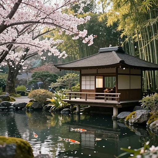Serene Japanese Garden with Cherry Blossoms