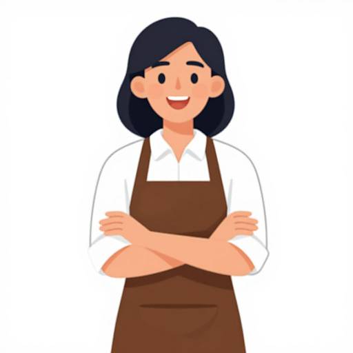 Digital cartoon of a smiling Asian woman with black hair, wearing a white shirt and brown apron, arms crossed, standing against a white background.