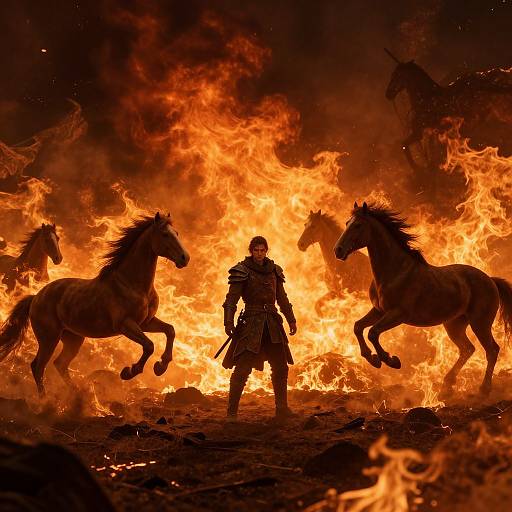 Photograph of a silhouetted warrior in medieval armor standing between two rearing horses, surrounded by intense, bright orange flames.
