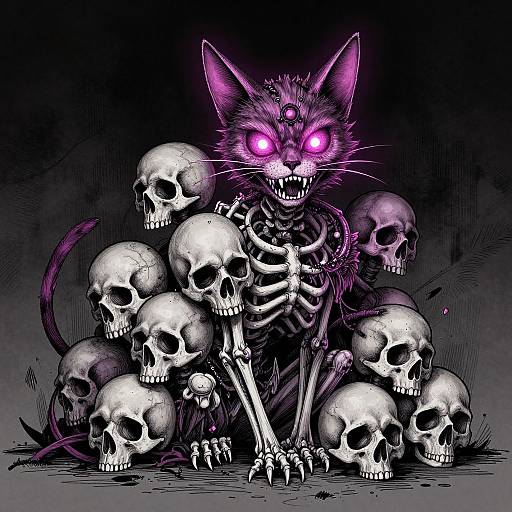 Digital illustration of a glowing purple-eyed, skeletal cat surrounded by a pile of skulls, with dark, ominous background and sharp claws.