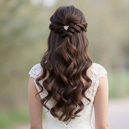 Photograph of a woman with long, wavy brown hair in an elegant updo, wearing a white lace dress, seen from behind in a blurred