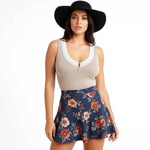 Photograph of a young woman with olive skin, dark hair, wearing a black wide-brimmed hat, white lace-trimmed tank top,