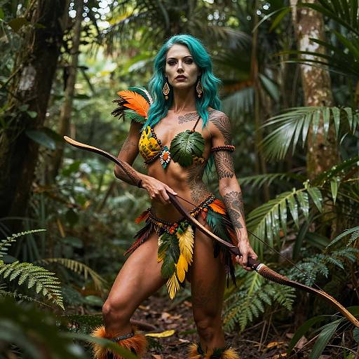 Photograph of a tattooed woman with blue hair, wearing colorful feathered tribal attire, holding a bow in a dense jungle.