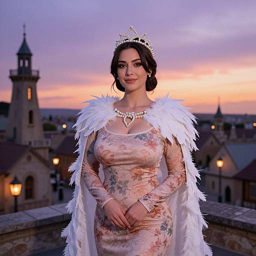 Photograph of a fair-skinned woman with dark hair, wearing a floral dress, white feathered cape, and tiara, standing on a rooftop