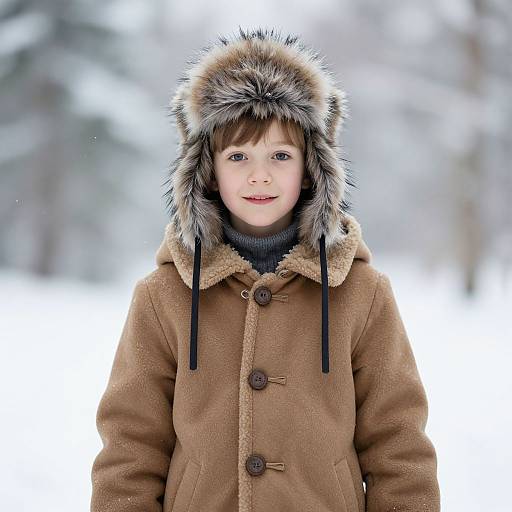 Photograph of a young boy with fair skin, brown hair, and blue eyes, smiling in a brown winter coat with a fur-lined hood, standing