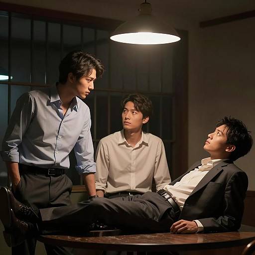 Three Men in Dimly Lit Room