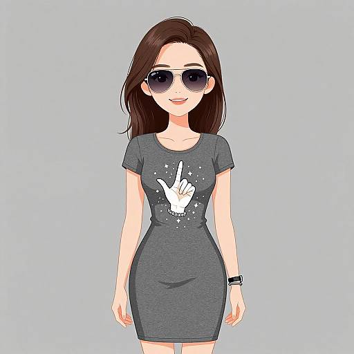 Digital anime-style illustration of a fair-skinned woman with long dark brown hair, wearing a gray dress with a white hand graphic, sunglasses, and a