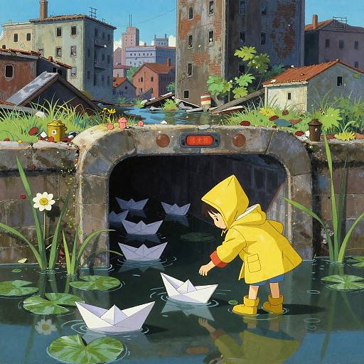 Child in Yellow Raincoat Among Ruins