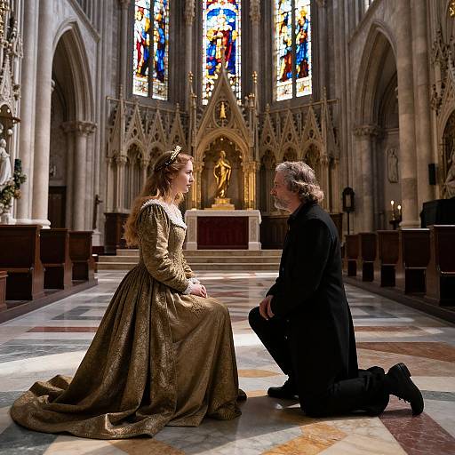 Photograph: A medieval woman in a gold gown kneels facing a bearded man in black, in a lit, ornate Gothic cathedral with colorful