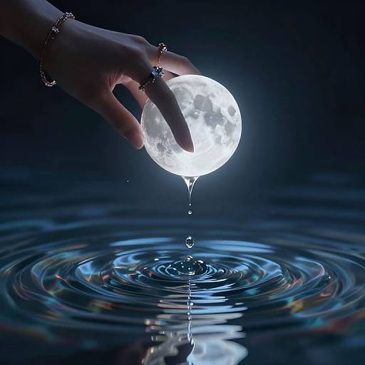 Photograph of a hand with silver rings gently touching a glowing white moon, causing water droplets to splash into a dark, rippling water surface below