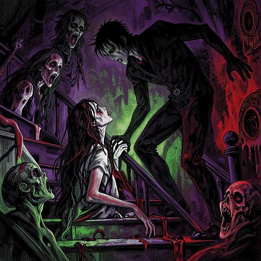 Digital artwork: Dark, horror scene with a woman kneeling, surrounded by undead figures with grimacing faces, glowing green and red lights, and blood-st