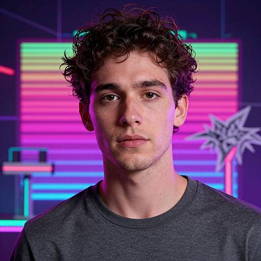 Photograph of a young man with curly dark hair, fair skin, and brown eyes, wearing a gray shirt, against a neon pink, green,