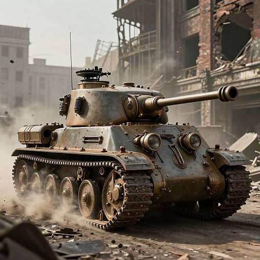 Photorealistic CGI of a heavily armored, battle-worn tank with a long barrel, driving through a dusty, ruined urban battlefield.