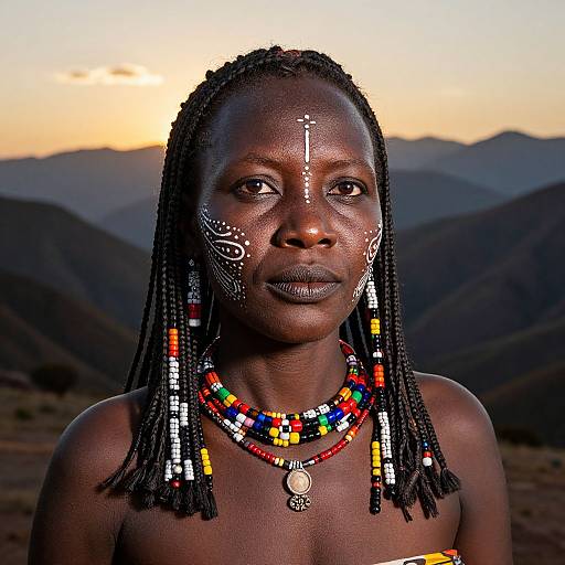 Photograph of a dark-skinned African woman with braids, facial paint, colorful beaded necklace, and mountainous sunset background. She is top