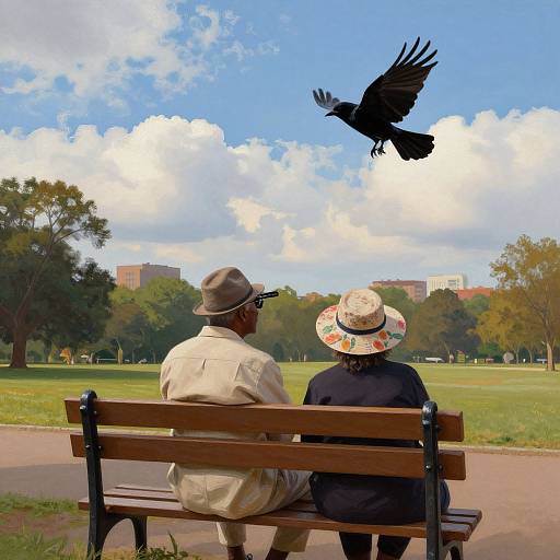 Photograph of an elderly couple sitting on a bench, watching a black crow fly overhead in a sunny park.
