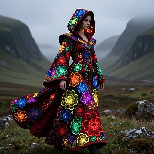 Photograph of a woman in a vibrant, neon floral-patterned hooded coat, standing in a misty, mountainous landscape with rocky terrain.