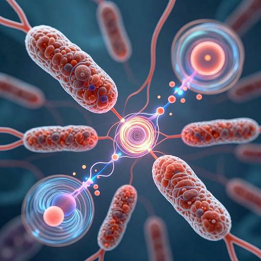 Digital artwork of red, textured virus-like structures with blue and red glowing centers, connected by thin lines, forming a radial pattern against a dark blue background