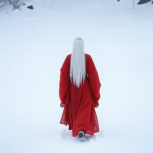 Photograph of a person with long white hair and red robe, standing in a snowy landscape, viewed from behind.