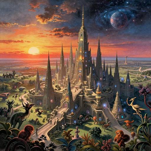 Digital fantasy artwork of a grand, illuminated castle at sunset, surrounded by fantastical creatures, lush greenery, and a colorful, starry sky with