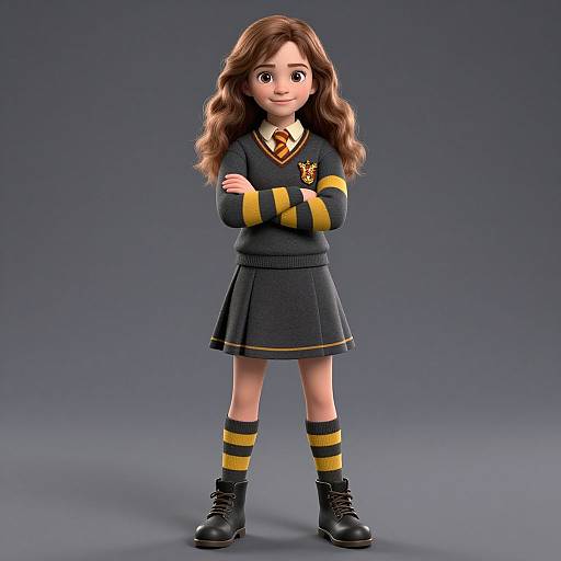 CGI image of a cute young girl with wavy brown hair, wearing a dark school uniform with yellow stripes, black boots, and crossed arms,