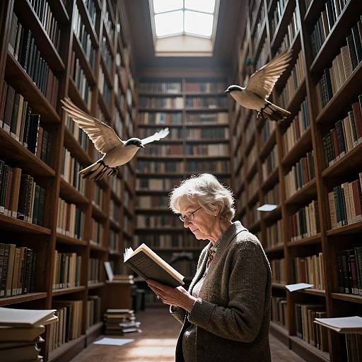 Photograph of elderly woman with white hair, glasses, and brown cardigan, reading in sunlit library aisle, two pigeons flying overhead.