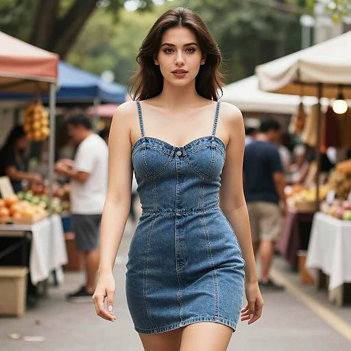 Photograph of a young woman with wavy brown hair, wearing a blue denim dress, confidently walking through a bustling outdoor market with vendors and colorful stalls