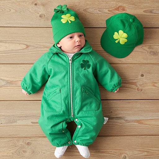 Photograph of a baby in a green, clover-themed coat and hat, lying on wooden floor, wearing white leggings, with matching green hat beside
