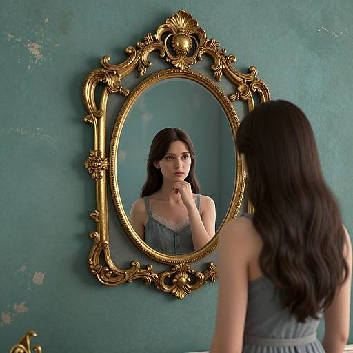 Photograph of a young woman with long, dark hair, wearing a blue dress, standing before an ornate, gold-framed oval mirror, against