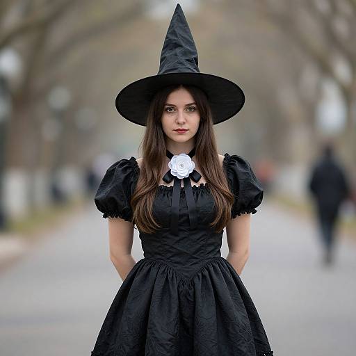 Photograph of a young woman with long brown hair, wearing a black witch hat and gothic dress with puffed sleeves, standing on a blurred,