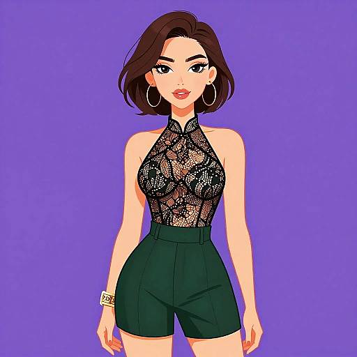 Digital illustration of a confident woman with short brown hair, wearing a black lace halter top and high-waisted black shorts, against a solid purple