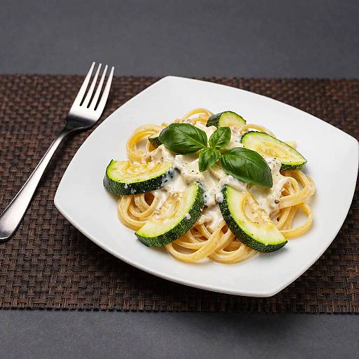 Photograph of a white, square plate with pasta topped with zucchini slices, cream sauce, and basil, on a dark woven placemat with a