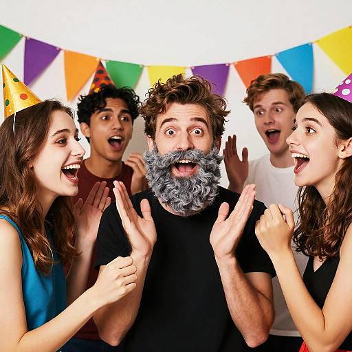 Photograph of a bearded man with wide eyes, surrounded by laughing, cheering young adults in colorful party hats, with festive bunting background.