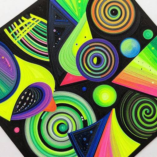 Vibrant, psychedelic abstract digital art with neon colors, geometric shapes, spirals, and triangles on a black background, creating a dynamic, energetic